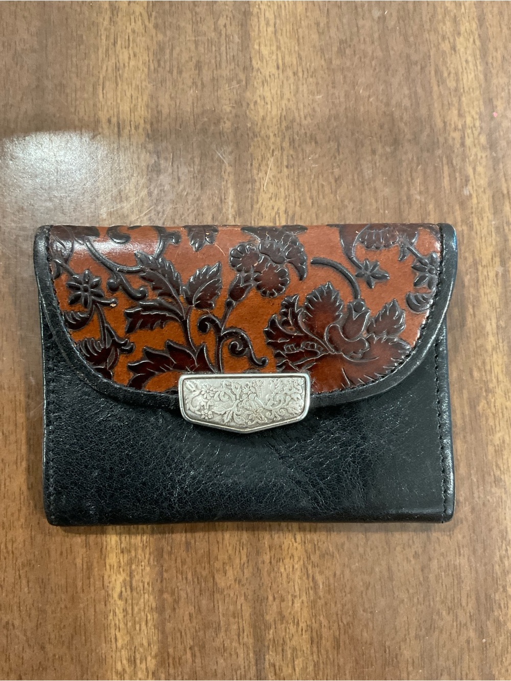 Brighton Black and Brown Tooled Floral Leather coin purse with belt straps bag